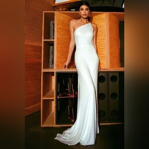 Jenny Yoo White One-Shoulder Sequin Maxi Gown Dress